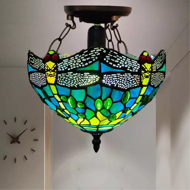 Tiffany Green Dragonfly Ceiling Lamp 10 inch Stained Glass Shade Antique Style
