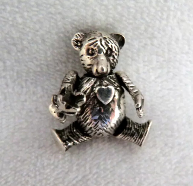 Articulated Miniature Solid 925 Sterling Silver Teddy Bear with Flowers Figurine