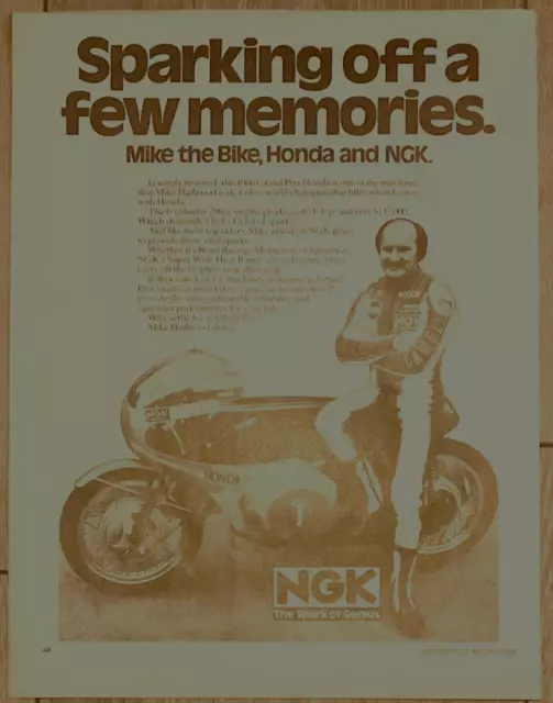 A4 Single-Page Original B&W Magazine Advert. MIKE "THE BIKE" HAILWOOD NGK HONDA