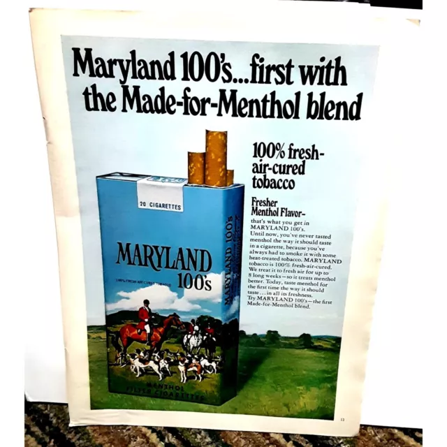 Vintage 1971 Maryland 100s Cigarettes Ad Original epherma