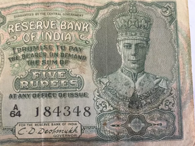 1948 Pakistan 5 Rupees - British India RBI Overprint - Rare 3