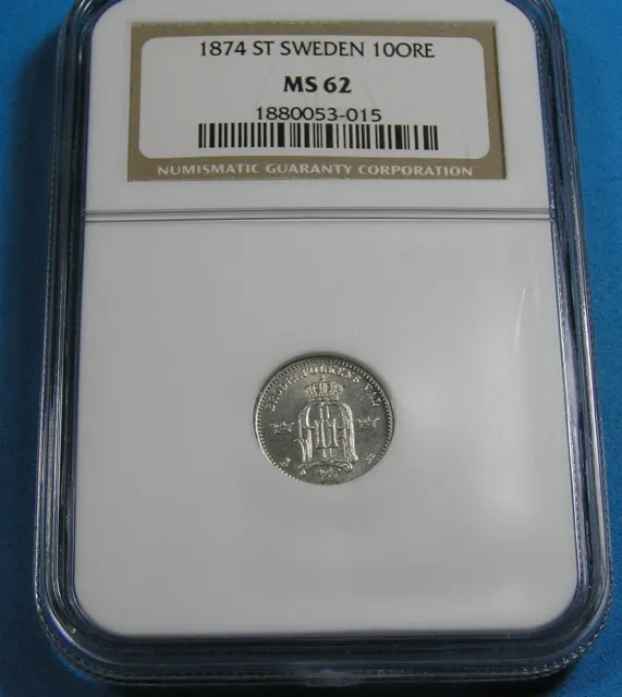 Sweden 10 Ore .400 Silver Coin, 1874-ST NGC MS62, KM-737, old fat holder