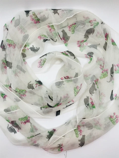 CCC Scarf Long Rectangular Boho Wrap Shawl White Cats 68"L x 20"W