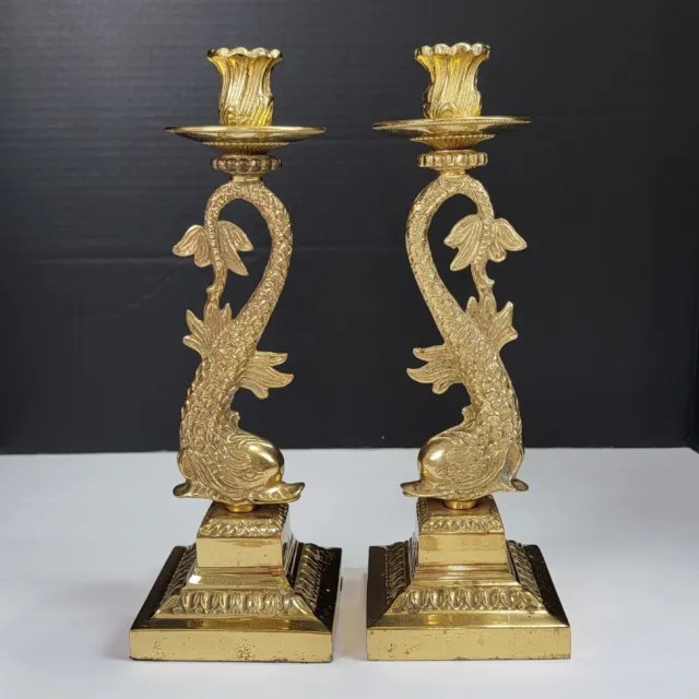 2 Vintage Brass Mystical Sea Dolphins Koi Candlesticks Candle Holders