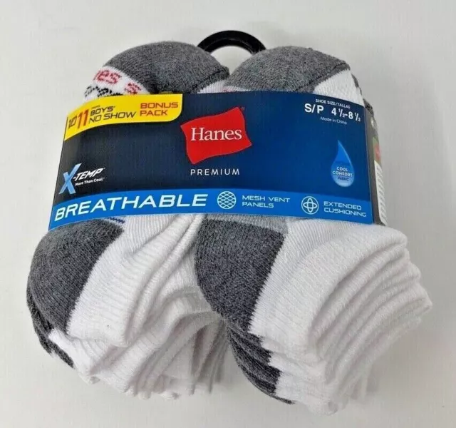 No Show Socks 11 Pack Hanes Boys X Temp Active Cool Comfort S/P 4 1/2 -8 1/2