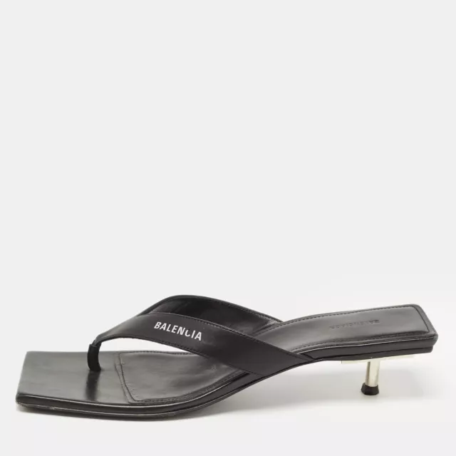 Balenciaga Black Leather Square Toe Thong Slide Sandals Size 39
