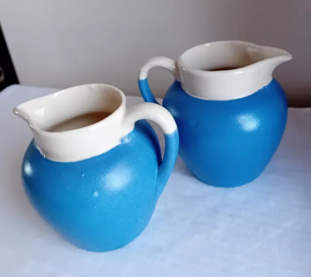 PAIR BLUE MILK JUGS CREAMERS VASES DEVONMOOR POTTERY VINTAGE 9cm tall 300ml