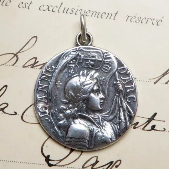 St Joan of Arc Battle Flag Medal - Sterling Silver Antique Replica