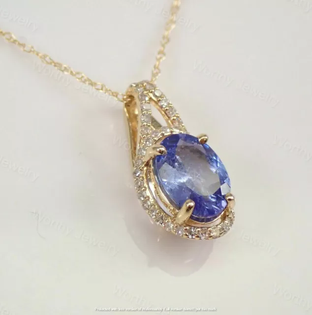2Ct Oval Cut Blue Sapphire Diamond Halo Pendant Necklace 14K Yellow Gold Finish 2