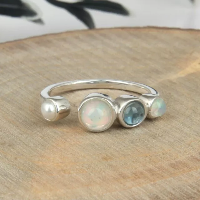 Ethiopian Opal, Three Stone Ring 925 Sterling Silver Engagement Trio Ring