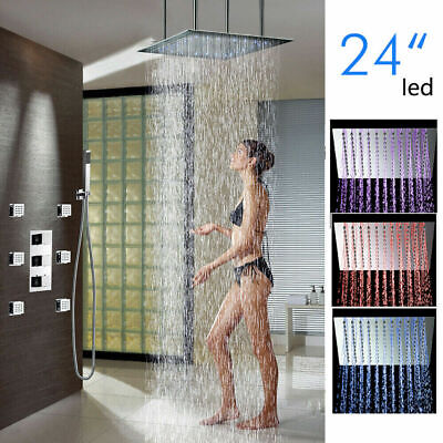 24" LED Shower Head Thermostatic 3-Way Mixer Valve Massage Spray Hand Faucet Set