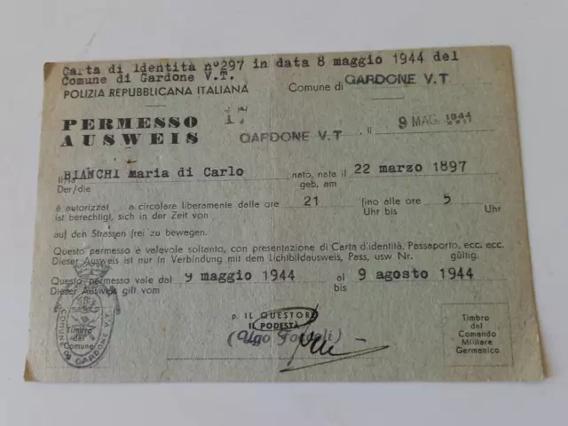 Permesso Di Circolazione Gardone Vt(Brescia ) Rsi 1944