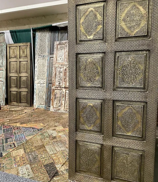 Vintage Sliding Barn Door, Brass Hand Carved Artistic Barn Doors, Indian Door