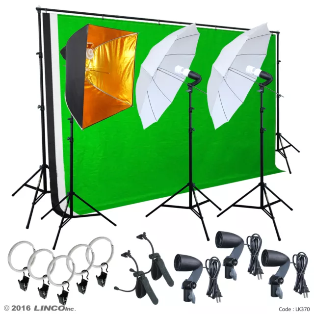 Photo Studio Photography kit W/3 Light Bulb Lighting Muslin 3 Backdrop Stand Set