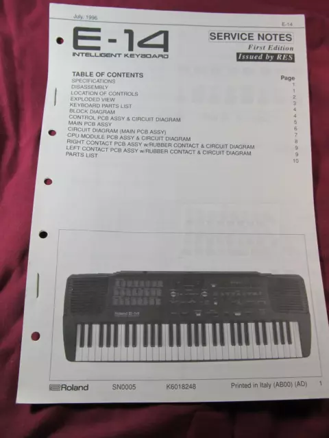 Roland E-14 Intelligent Keyboard Service Manual -  Service Notes