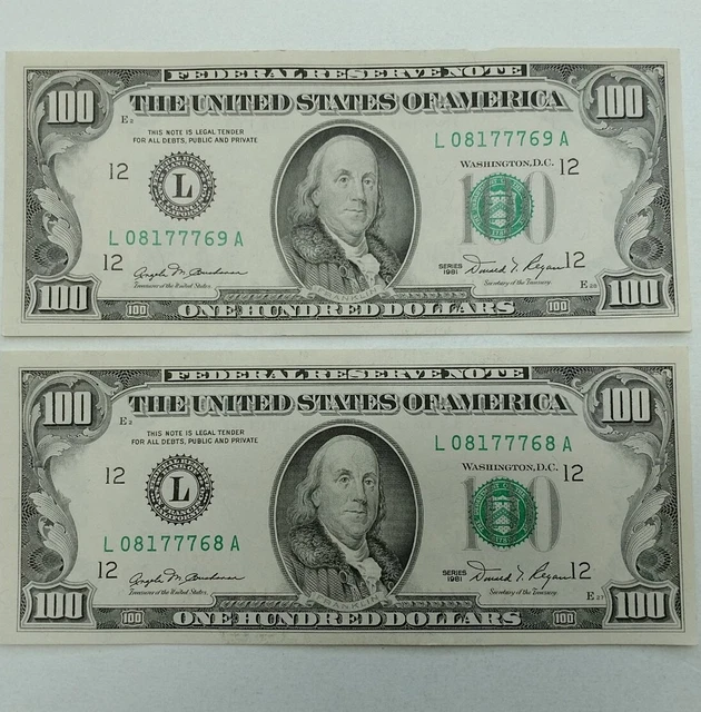 2 -1981 Vintage $100 Bills ,           Small Heads. , in really great shape