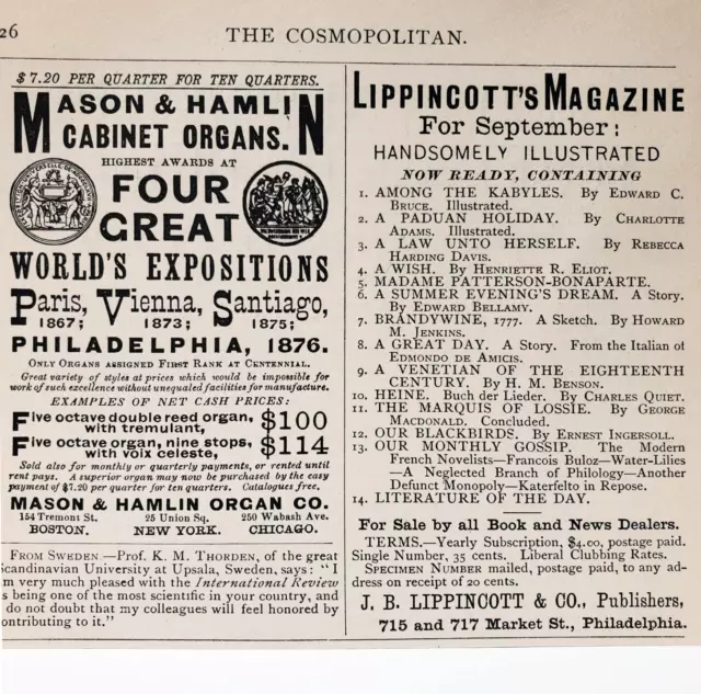 1877 Mason & Hamlin Organ Co World Expositions Paris Vienna Santiago PA Print AD