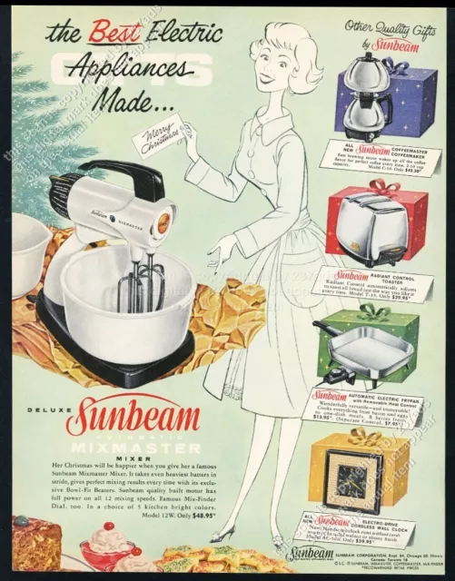 1961 Sunbeam Mixmaster coffee maker toaster happy housewife Xmas vtg print ad