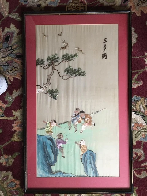 Rare Find Large Antique Detailed Chinese Silk Embroidery Hand Colored Framed