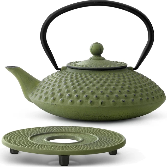 Asia Tee Set Teekanne Teesieb 1 Teeuntersetzer Stövchen Gußeisen grün 1,25 L