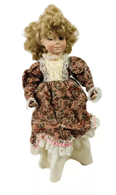 Porcelain Doll Girl Blonde Hair Brown Dress 16” Tall Vintage