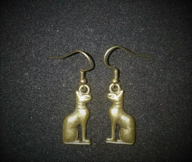 Drop Dangle Ancient Egyptian Cat Bastet Bronze Pierced Earrings, Goddess Bast