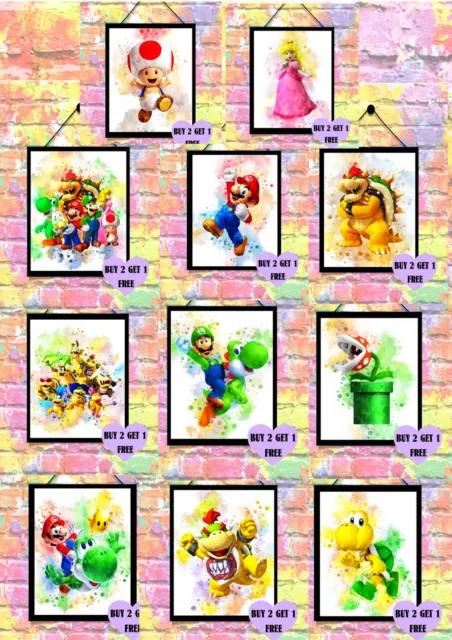 BUY 2 GET 1 FREE Nintendo Super Mario Smash Bros Watercolour Print Poster A4