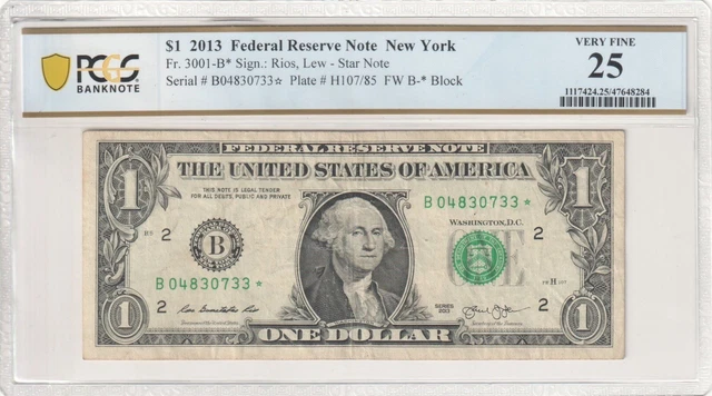 Fr 3001-B* 2013 $1 Dollar Duplicate Star Note B New York Very Fine 25 B04830733*