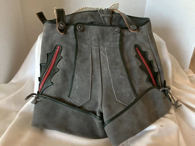Vintage Childs Lederhosen Leather Bavaria M 110 grey/BL/Red used in doll display