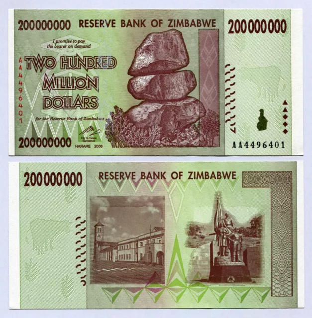 Zimbabwe 200 Million Dollars Banknote AA+ 2008 Hors-Circulation Série 100...