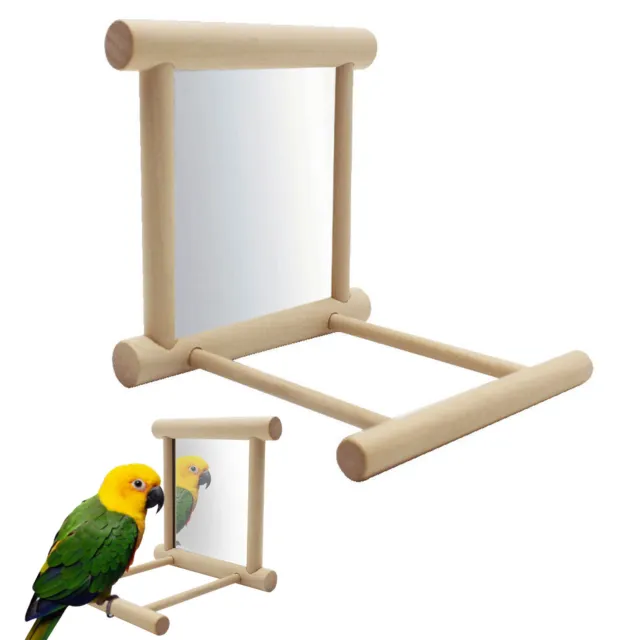 1X Bird Mirror With Perch Parrot Wood Perches Cage Swing Toy Parakeet Cockatiel