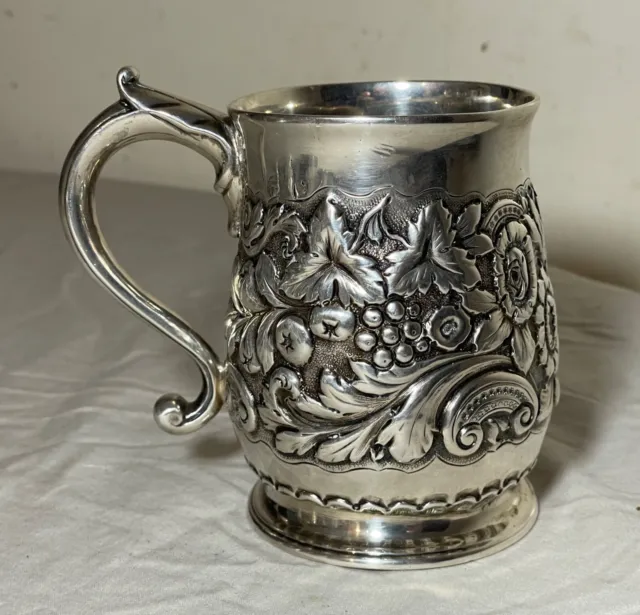 antique 18th century Irish Dublin tooled sterling silver chased mug cup stein