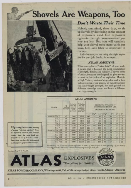 1944 Atlas Explosives Ad: Atlas Powder Co. AMODYNS - Wilmington, Delaware