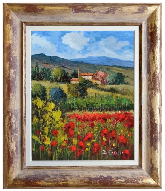 Tuscany Painting Framed Flowery Countryside Canvas Original Bruno Chirici Italy