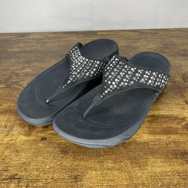 FitFlop Silver Mirrored Studs Sandals Black Suede Size 7