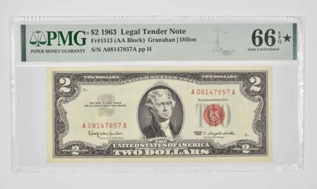 $2 1963 US Legal Tender Note Red Seal PMG 66 EPQ STAR Fr# 1513 (AA Block) *0950