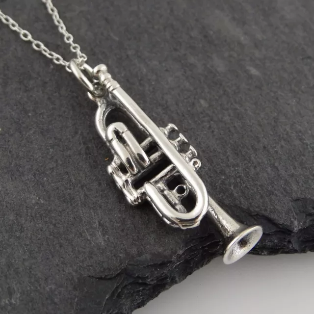 Trumpet Necklace - 925 Sterling Silver 3D Charm Music Musical Instrument Horn