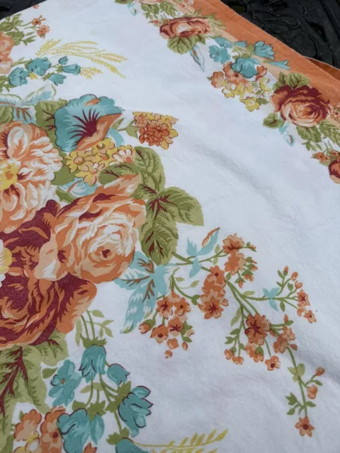 Vtg Mid Century Linen Tablecloth Stunning Orange and Turquoise Combo 65 x 84