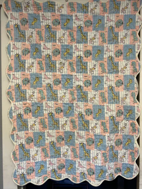 vintage crib quilt baby 1960s Anthropomorphic Zoo Animals Blue Pink **2 Holes**