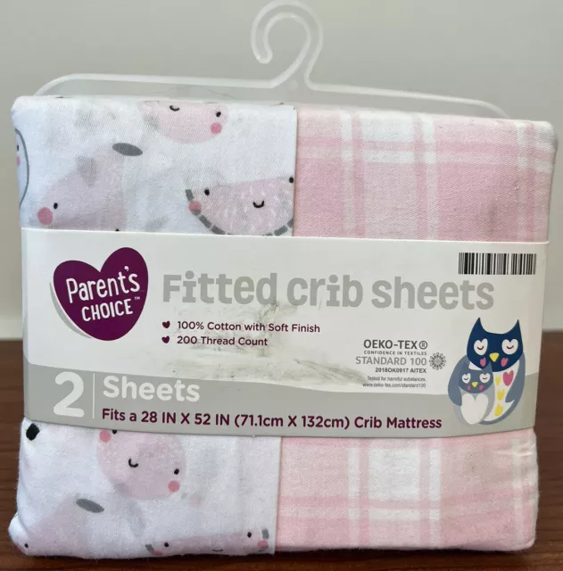 New Parent’s Choice Fitted Crib Sheets Cotton 2 Pack Girls Pink Fruit 28” X 52”