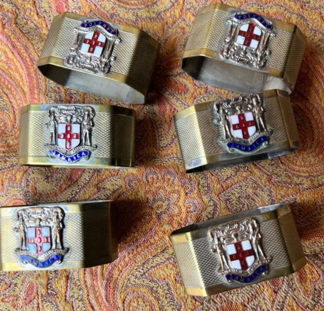 Set Antique English 8 Silver Plated Brass Napkin Rings Jamaica Crest Enameled