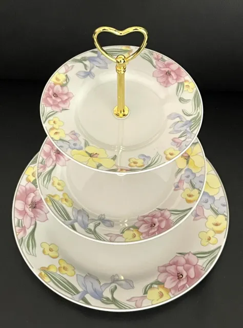 Vintage Symphony Pink Yellow Blue Floral Large 3-tiered Cake Stand