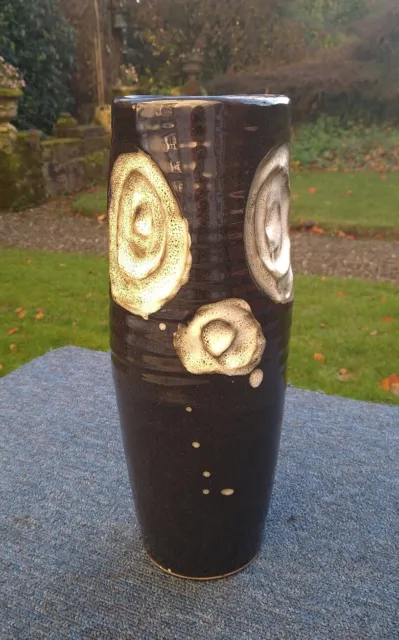 Retro Brown Lava Glaze White Swirl Studio Pottery Ribbed Vase 29cm High