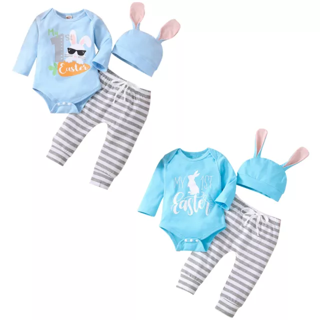 Baby Girls Easter Outfit Long Sleeve Cartoon Print Romper+Pants+Hat Clothes Set