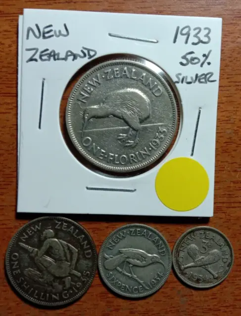 New Zealand pre decimal coins. 1933x1 1934 x2 1935x1 50% SILVER