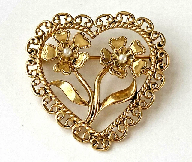 Belle Broche Vintage Française – Motif Fleur Et Cœur Doré, Métal Ancien, Style Rétro Chic