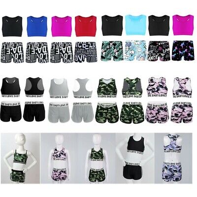 Kids Girls Athletic Outfit Tanks Crop Top Bottoms Sets Ballet Dance Gym Workout