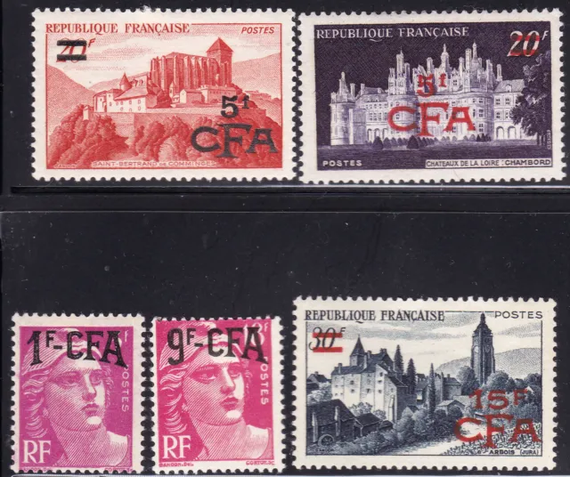 Reunion Isl.-1949-Lot definitives-French Overprinted Stamps-3 MNH/2 MLH