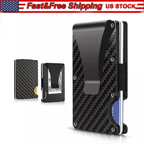 Men RFID Blocking Money Clip Slim Carbon Fiber Credit Card Holder Metal Wallet