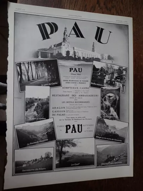 PAU casino restaurants hôtels golf GAVARNIE publicité papier ILLUSTRATION 1929